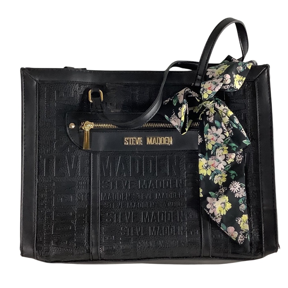 Steve Madden BDerry Black Embossed Logo Tote Bag with Floral Scarf Handbag